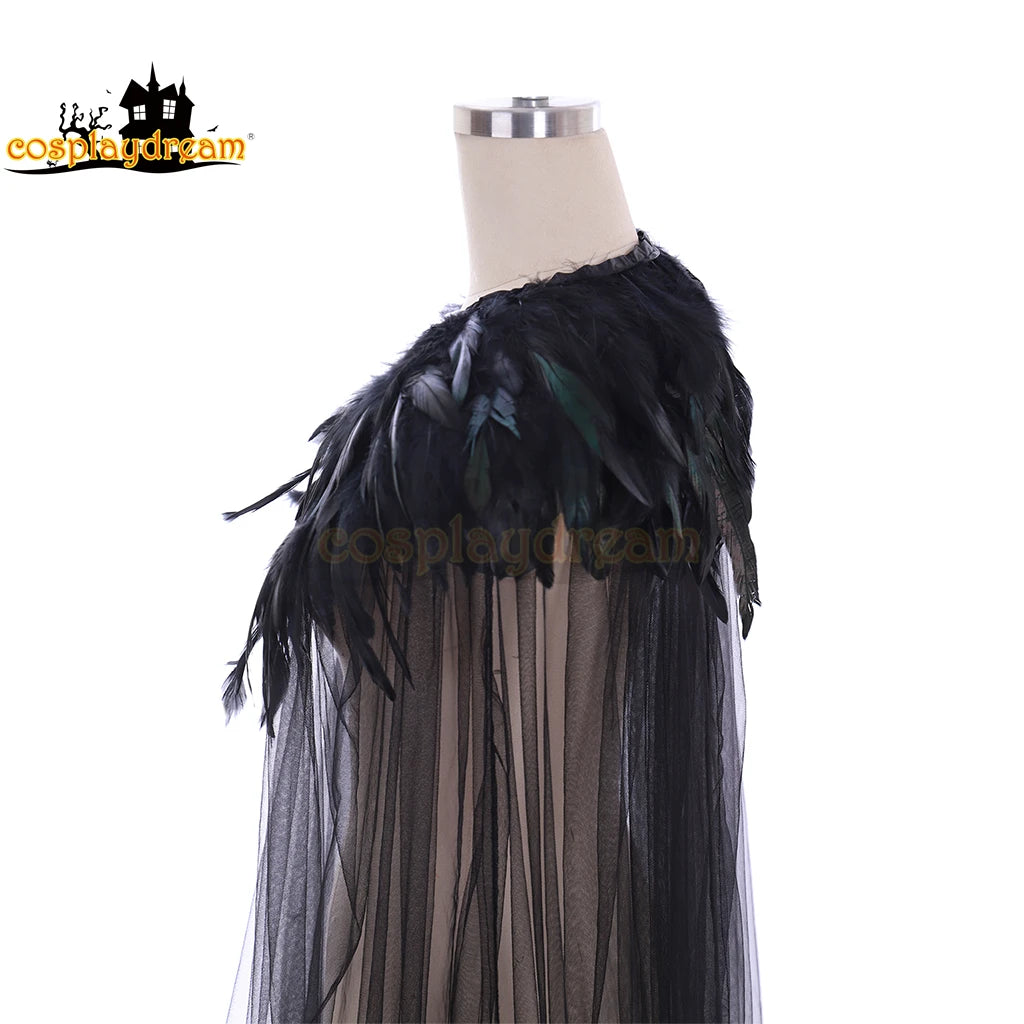 Black Feather Cloak Cool Unisex Mantle Wicca Cape Medieval Cape Shawl Halloween Party Witch Wizard Cosplay Costumes